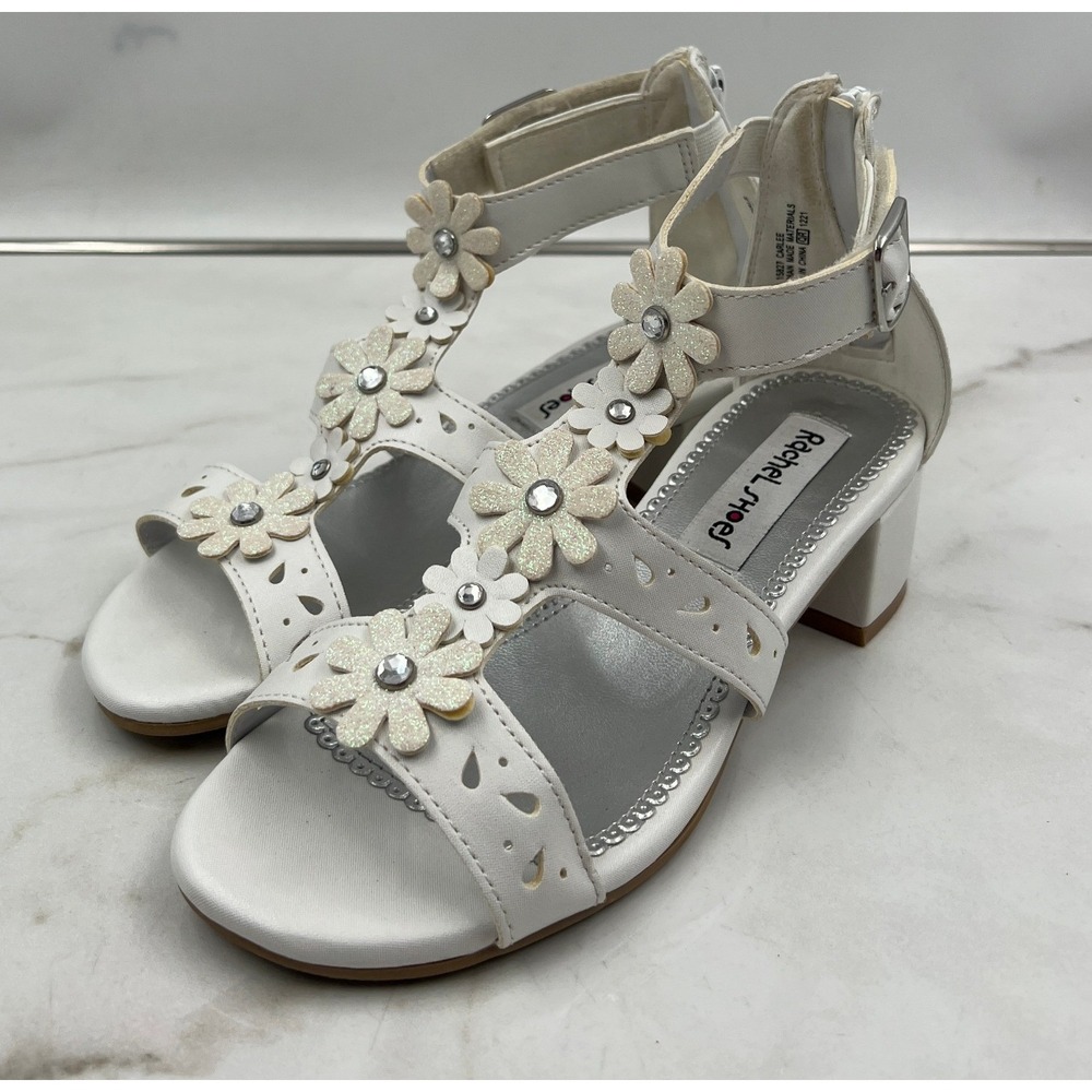 Rachel Shoes Carlee Sandal Girl Size 3 White Floral Dress Rhinestone Block Heel